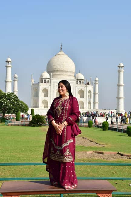 From Delhi: Sunrise Taj Mahal & Agra Tour with 5</em> Lunch – Why sunrise is the right time for the Taj Mahal’ /></p>
<p><p>The Taj Mahal does not look the same all day. At sunrise, the marble often takes on pale blue, pink, and golden tones as the light grows. That change is the main reason to accept the early pickup and make this a sunrise outing instead of a later sightseeing trip.</p>
</p>
<p><p>The quiet also matters. The information provided for this tour does not promise an empty monument, and the Taj Mahal remains one of India’s most visited sights. Still, an early visit gives you a better chance of enjoying the view before the heat and larger daytime crowds build.</p>
</p>
<p><p>You will have about three hours at the Taj Mahal with a live guide. That is enough time to see the main approach, photograph the famous front view, enter the mausoleum, and pause for the details in the marble work. The guide can also help with the separate-entry process and explain what you are seeing as you move through the site.</p>
</p>
<p><p>The photography help is a useful extra, especially if you are traveling alone. Riyaz is praised for taking excellent photos, and Ali Zaif is also noted for his photography. You can ask your guide for several angles rather than settling for one hurried picture at the main gate.</p>
</p>
<p><p>Keep your expectations sensible. Sunrise does not mean a private Taj Mahal. It means you are arriving at a better hour, with entry arrangements and a guide helping you get oriented.</p>
</p>
<div class="twil" style="margin: 20px 0; padding: 15px 0;"><p>More Taj Mahal and Agra Fort Tours in Agra:</p><ul style="margin: 10px 0; padding-left: 0; list-style: none;"><li style="margin: 0 0 12px 0; padding: 0 0 12px 0; border-bottom: 1px solid #FDF3DF; line-height: 1.4;"><a href="https://castlehopper.com/agra-skip-the-line-taj-mahal-agra-fort-private-tour/">Agra: Skip-the-Line Taj Mahal & Agra Fort Private Tour</a><br><span style="font-size: 0.82em; color: #555;"><span style="color: #F0A81C;">★</span> 4.9 &nbsp;&middot;&nbsp; 1,546 reviews</span></li><li style="margin: 0 0 12px 0; padding: 0 0 12px 0; border-bottom: 1px solid #FDF3DF; line-height: 1.4;"><a href="https://castlehopper.com/taj-mahal-agra-fort-baby-taj-mehtab-bagh-private-city-tour/">Taj Mahal, Agra Fort, Baby Taj & Mehtab Bagh Private City Tour</a><br><span style="font-size: 0.82em; color: #555;"><span style="color: #F0A81C;">★</span> 5.0 &nbsp;&middot;&nbsp; 391 reviews</span></li><li style="margin: 0; padding: 0; border-bottom: none; line-height: 1.4;"><a href="https://castlehopper.com/skip-the-line-with-private-tour-guide-for-taj-mahal-agra-fort/">Skip the line with Private Tour Guide for Taj Mahal & Agra Fort</a><br><span style="font-size: 0.82em; color: #555;"><span style="color: #F0A81C;">★</span> 5.0 &nbsp;&middot;&nbsp; 236 reviews</span></li></ul></div><h2>The Delhi to Agra ride</h2>
<p> Lunch – The Delhi to Agra ride’ /></p>
<p><p>The tour can collect you from a hotel, airport, or requested address in places such as Mahipalpur, Aerocity, Connaught Place, Paharganj, New Delhi, Noida, Greater Noida, Gurgaon, Faridabad, Ghaziabad, and Agra. That wide pickup range is useful if you are staying outside central Delhi or connecting through the airport.</p>
</p>
<p><p>You travel in a private air-conditioned vehicle. For a day that begins before sunrise and includes a long road journey, this is far more comfortable than trying to arrange several separate transfers. You can keep your luggage with you and return to the same general area after sightseeing.</p>
</p>
<p><p>The exact pickup time depends on your selected date and location. Check it carefully when you book, since the sunrise visit requires an early departure. Good communication before the trip matters here. One guide, Riyaz, is specifically praised for arranging Delhi to Agra transport and staying in contact before the tour began.</p>
</p>
<p><p>Bottled mineral water is included. That is a small detail, but welcome in a long day of driving and sightseeing. The vehicle is also a practical place to rest between the two monuments.</p>
</p>
<p><p>The tour description allows pickup and drop-off in Agra as well as Delhi and nearby cities. If you are already staying in Agra, this becomes a much easier half-day style outing. If you start in Delhi, plan for a longer day because the road journey is added to the monument visits.</p>
</p>
<h2>Three hours inside the Taj Mahal grounds</h2>
<p> Lunch – Three hours inside the Taj Mahal grounds’ /></p>
<p><p>The Taj Mahal is a mausoleum built in white marble, and its power comes from both the broad view and the small details. Your first impression is likely to be the balanced front façade, but the guide can point out the design choices that are easy to miss when you are focused on getting a photograph.</p>
</p>
<p><p>You will have time to move at your own pace within the guided visit. That matters because the Taj Mahal is not just a quick photo stop. You can pause in the gardens, look along the reflecting pool, study the carved and inlaid decoration, and enter the central mausoleum as permitted by the site.</p>
</p>
<p><p>The guide is there to explain the building and manage the visit, not simply lead you to the front view. Riyaz is described as giving information in a measured way, neither too little nor too much. That is the right approach here. The monument deserves context, but constant talk can get in the way of simply looking.</p>
</p>
<p><p>If you are a solo woman, the personal guide format may feel reassuring. Riyaz is praised for being polite and respectful, helping with bags, checking that his guest was comfortable, and offering calm support throughout the day. Service can vary by guide assignment, but the tour is designed for a private group rather than a large coach party.</p>
</p>
<p><p>Wheelchair access is listed as available. You should still confirm the practical details for your own mobility needs before departure, particularly if you need assistance with the full route through the grounds.</p>
</p>
<p><p>Wear comfortable shoes. The Taj Mahal visit involves walking, and you will get more from the site if you are not worrying about sore feet. Sunglasses are useful once the sun rises, while comfortable clothing is the sensible choice for both the early morning and the warmer hours later in the day.</p>
</p>
<h2>Breakfast: check exactly what your package includes</h2>
<p><img width="866" height="650" decoding="async" src=